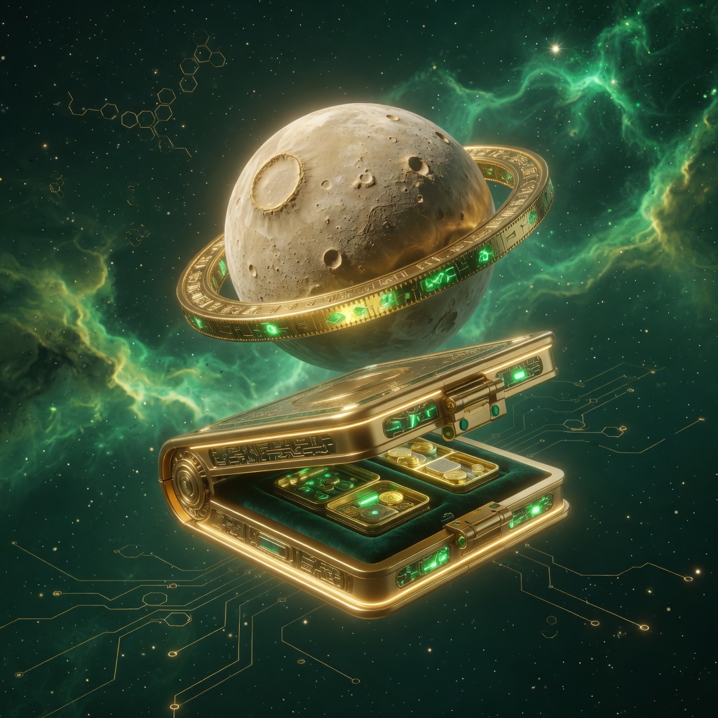 Gold vault-wallet under a Pluto coin in green nebula