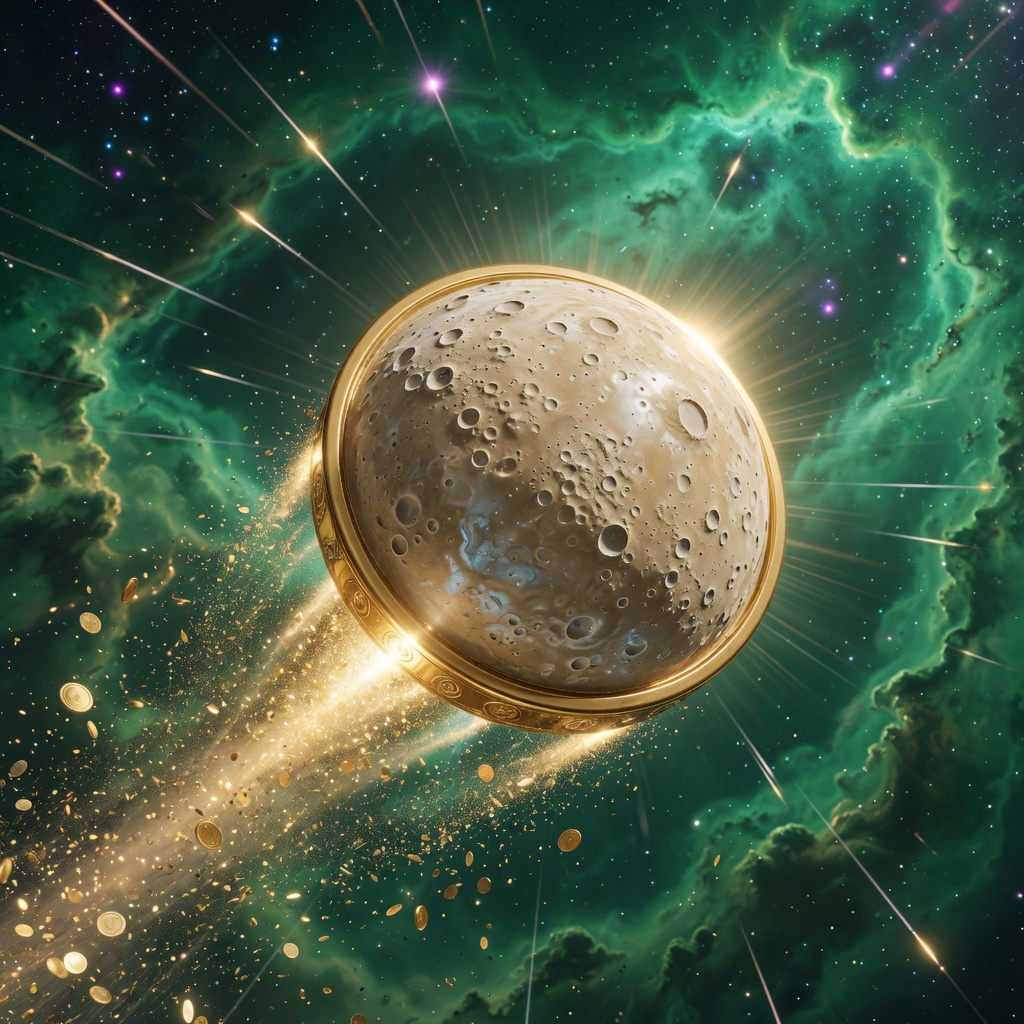 PlutoCoin launching through a green nebula with a gold trail